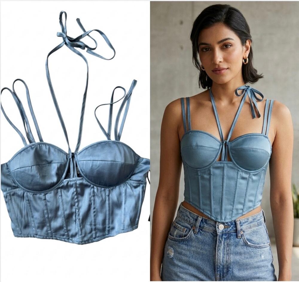 Japna Blue Satin Corset Crop Top Halter Neck Size Small NWT